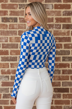 Dark Blue Checker Mesh Lettuce Trim Long Sleeve Top