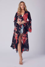 Black Coral Floral Ruffle Kimono