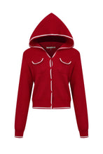 Red Hooded Flow Cardigan With Contrast