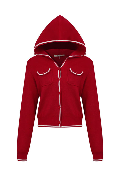 Red Hooded Flow Cardigan With Contrast