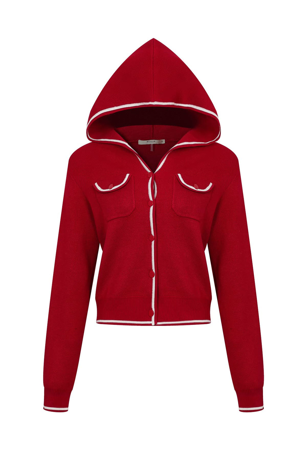 Red Hooded Flow Cardigan With Contrast
