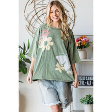 Green Washed Flower Butterfly Patchwork Short Sleeve Oli+Hali Top