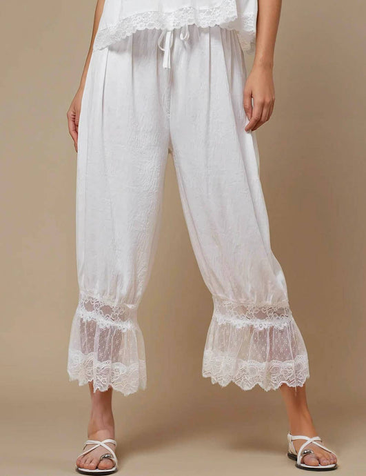 White  Elastic Waist Lace String Tie Lantern Pants