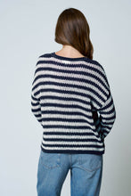 STRIPE RAW EDGE SPLIT NECK SHEER KNIT SWEATER : NAVY