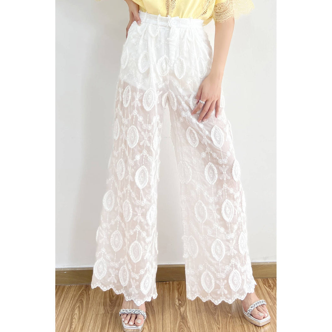 White Classic Embroidered Lace Pants