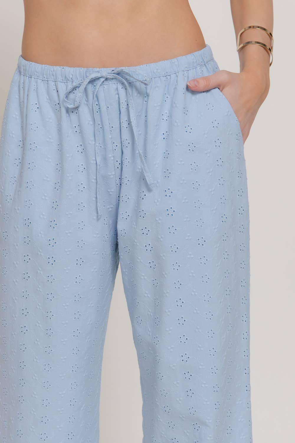 Blue Eyelet Woven Long Pants