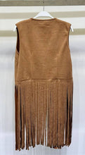 Camel Faux Suede Open Venti Vest with Fringe Hem
