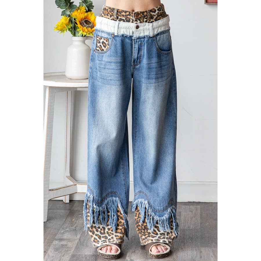 国内で当店のみ DETW - Leopard Waist Double-Layer Denim Pants Leopard Waist Double-Layer Denim Pants - BCAESAR