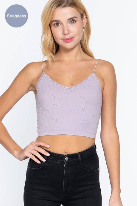 Lavender V-neck with Lace Trim Floral Jacquard Seamless Crop