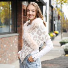 Grey Faux Fur Trim Leopard Pattern Shawl Wrap