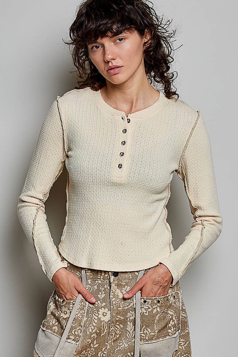 Almond Solid Half Placket Vintage Washing Long Sleeve Knit POL Top
