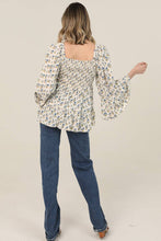 Ivory V Neck Smocked Bust Lace Trim Wide Bell Sleeve Blouse