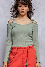 Vintage Washing Solid Buckle Open Shoulder Knit Thermal Top: PALE OLIVE