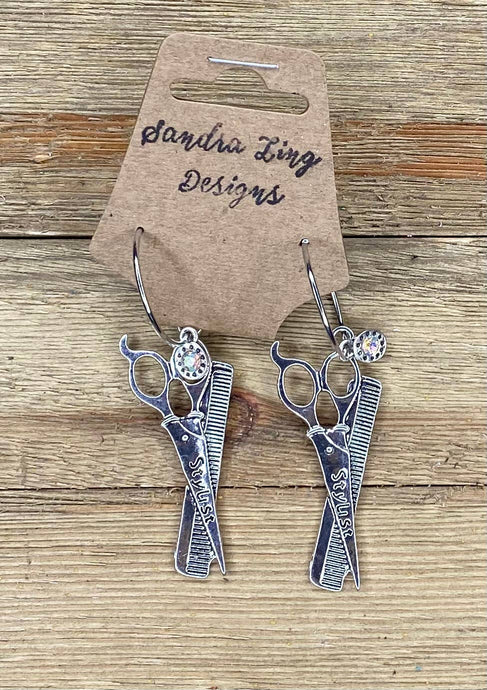 Small Earrings Metal Scissors with Crystal Drop
