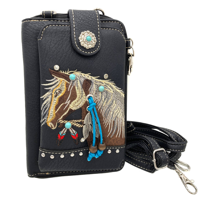 Embroidered Horse Crossbody Western Phone Wallet: Black