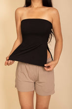 Black Strapless Ribbed Side-Slit Flare Top