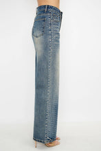 Med Denim Rhinestone High Waisted Stretch Wide Leg Denim Pants