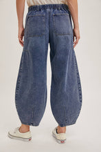 Med Wash Denim Mid Waist Drawstring Barrel Jeans
