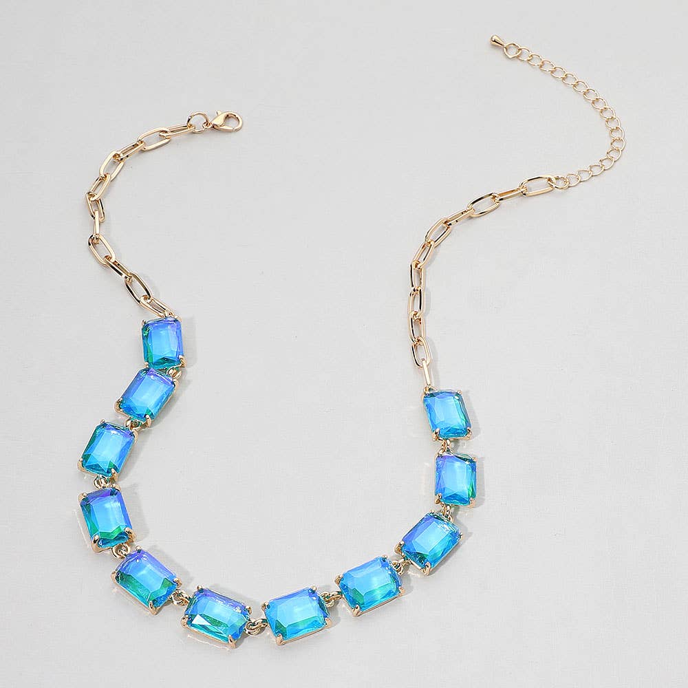 Blue Cushion Rectangular Stone Cluster Link Evening Necklace
