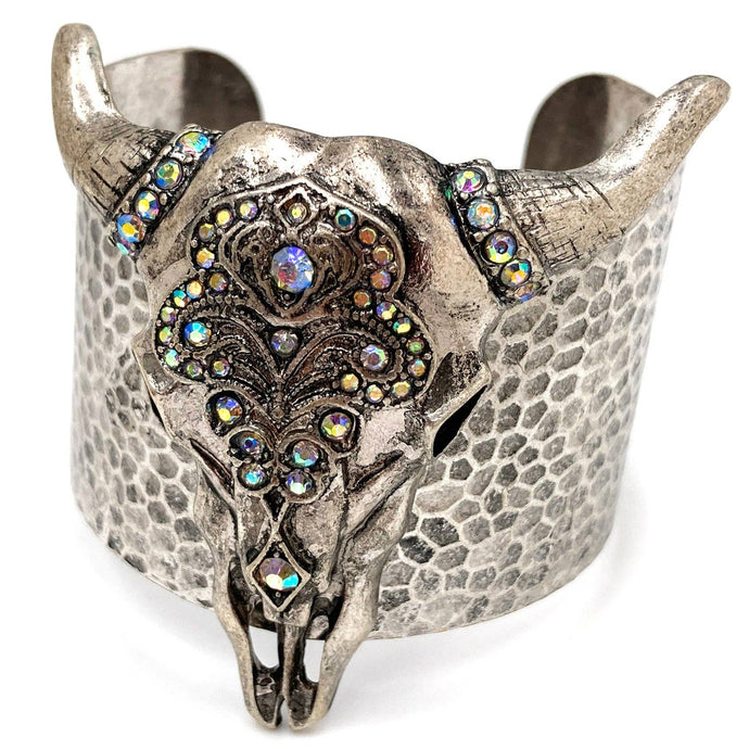Longhorn Skull Bohemian Rhinestone Western Wide Cuff Bracelet: Silver