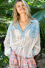 Denim Collared contrast ribbed panel lace crochet chest pocket POL top