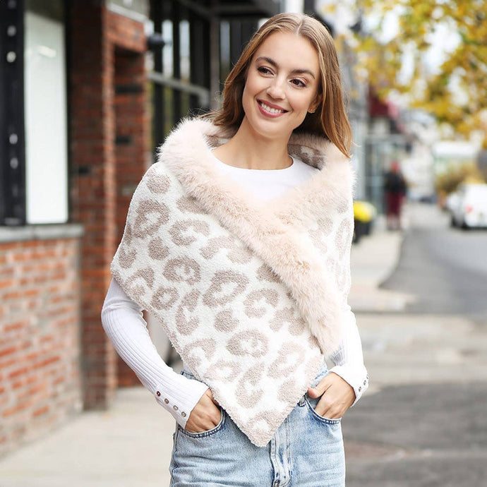 Beige Faux Fur Trim Leopard Pattern Shawl Wrap