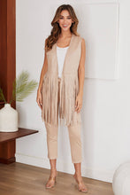 Beige Faux Suede Open Venti Vest with Fringe Hem