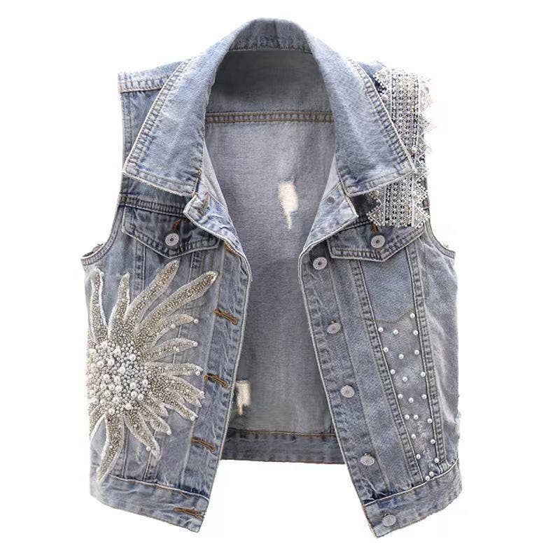 Blue Lace Beaded Denim Vest with POLO Collar