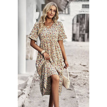 Beige Floral Print Fit Ruffle Sleeve Midi Dress