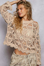 Mocha Round neck long sleeve solid crochet  POL top