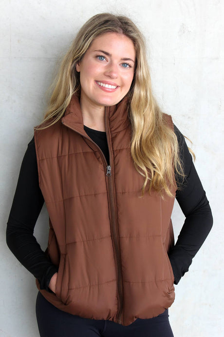 Chocolate Brandy Puffy Zip-Up Vest w/ Pockets
