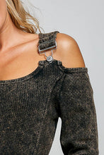 Vintage Washing Solid Buckle Open Shoulder Knit Thermal Top: PALE OLIVE