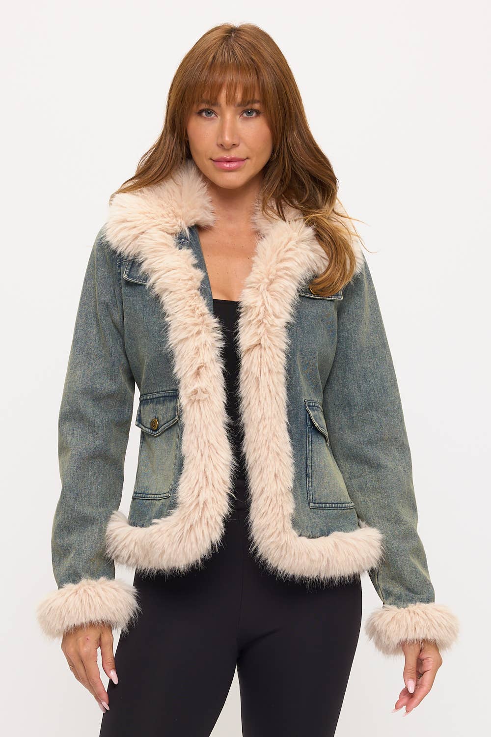 Denim Blue Vintage Chic Faux Fur Trim Denim Jacket