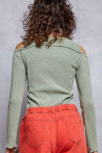Vintage Washing Solid Buckle Open Shoulder Knit Thermal Top: PALE OLIVE