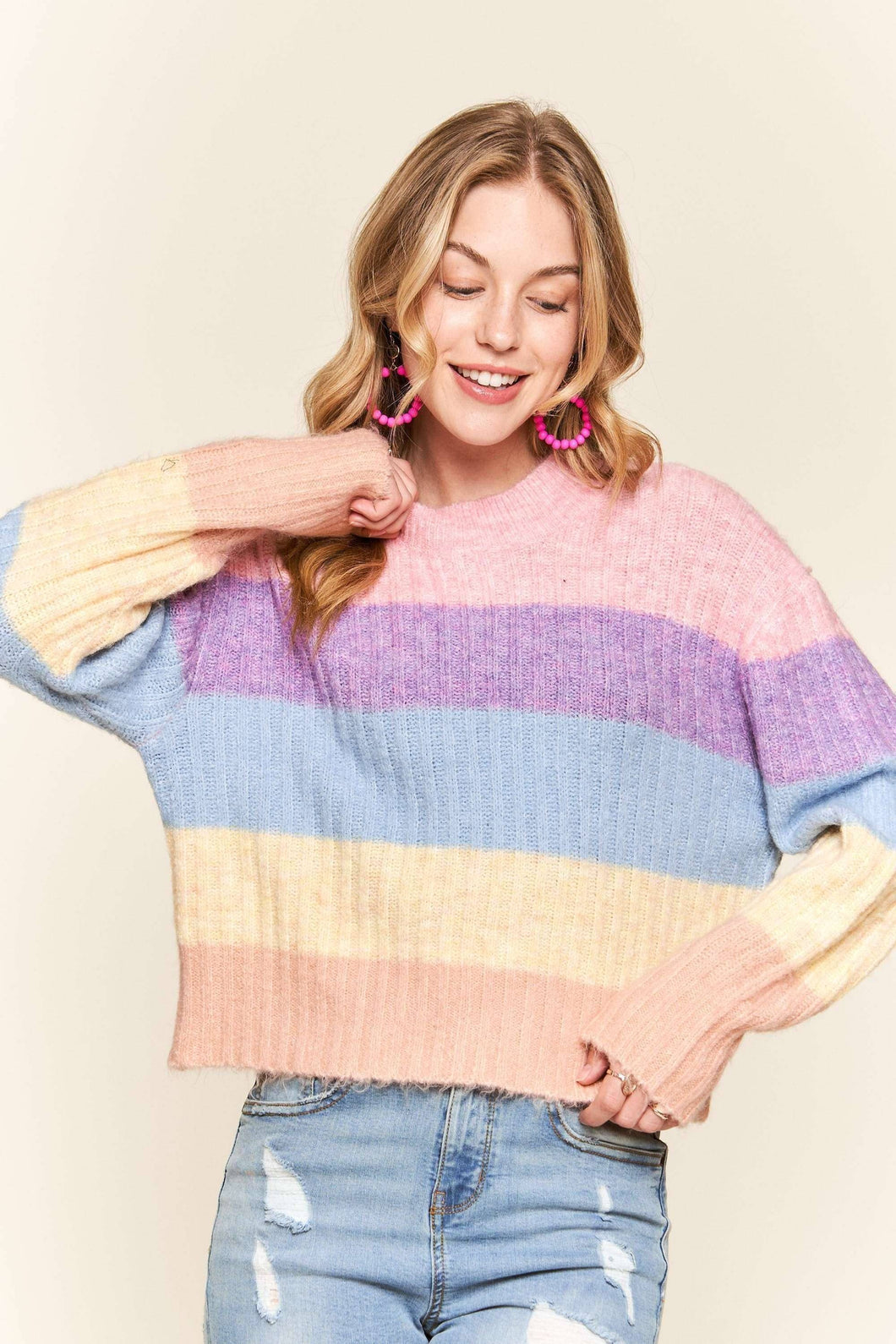 Multi Color Mock Neck Rib Sweater