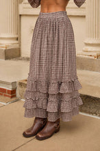 Brown Plaid Ruffled Tiered Hem Midi Skirt