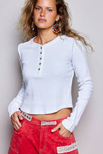 Off White Solid Half Placket Vintage Washing Long Sleeve Knit POL Top