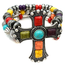 Large Cross Turquoise Stone Western Chunky Beaded Bracelet: Multicolor