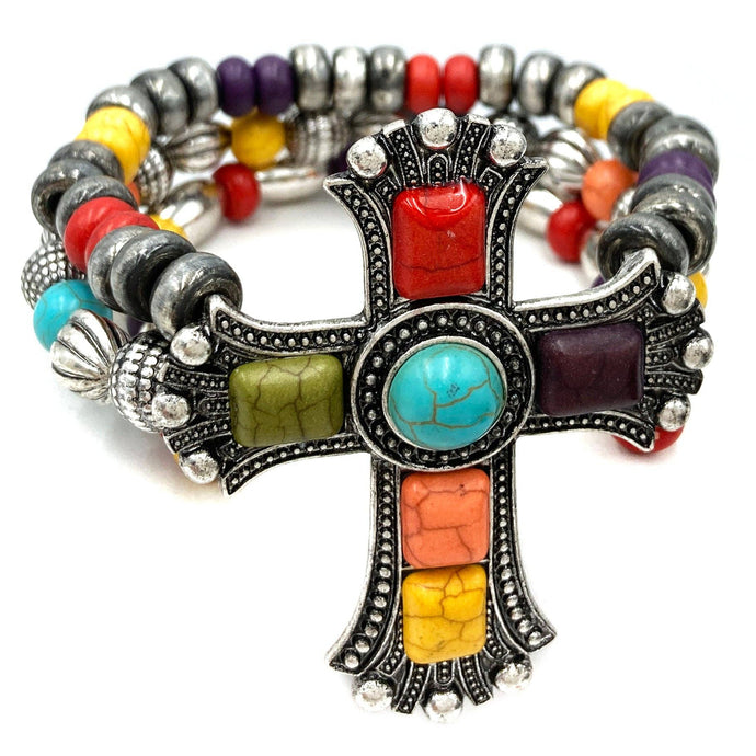 Large Cross Turquoise Stone Western Chunky Beaded Bracelet: Multicolor