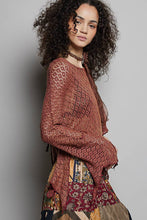 Powder Brick Round Neck Crochet Raw Edge Solid Knit Top