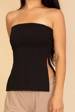 Black Strapless Ribbed Side-Slit Flare Top