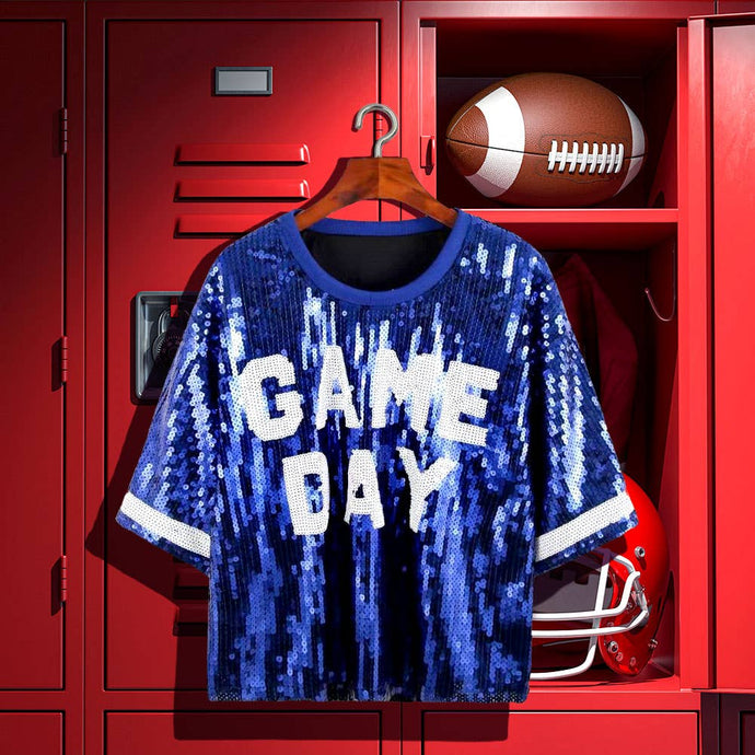 Blue White GAME DAY Sequin Crop Top