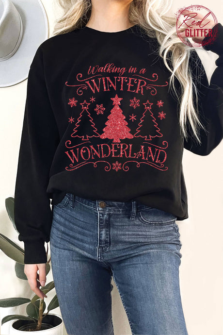 Winter Wonderland Tree Glitter Graphic Terry Sweatshirt : Black