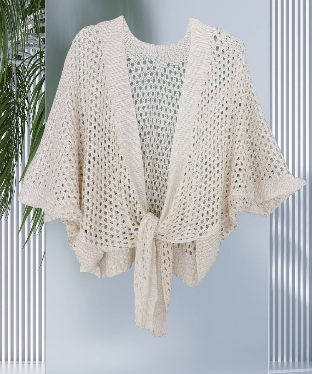Beige Eyelet Open-Knit Metallic Cardigan with Front Tie