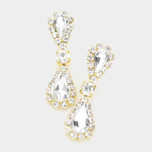 Saphire Silver Double Teardrop Accented Rhinestone Trimmed Dangle Evening Earrings