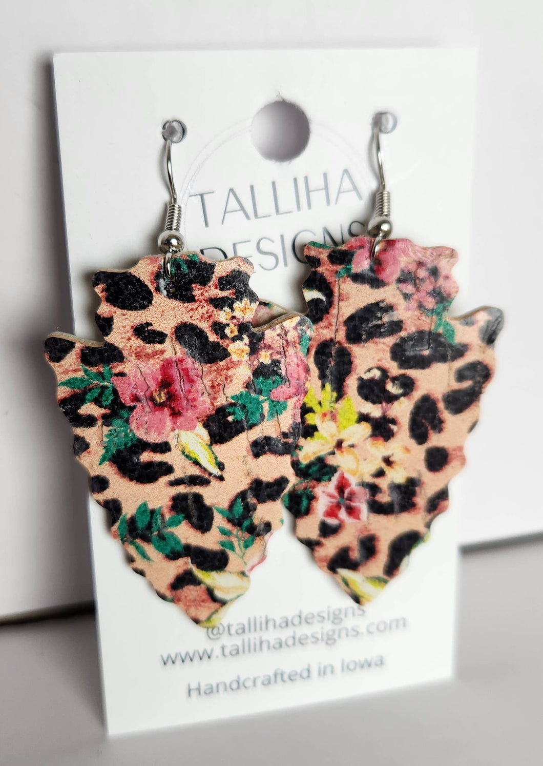 Floral Leopard Leather Boho Western Arrowhead Earrings