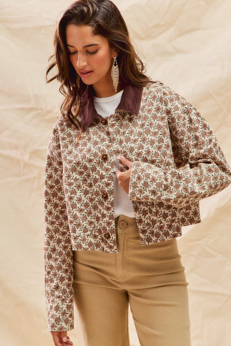 Brown Floral Crop Barn Jacket with Corduroy Collar 10/7/25 1182