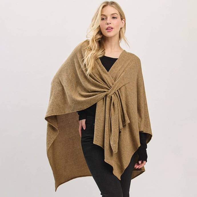Taupe Asymmetrical Hem Solid Pull Through Draped Tie-Front Wrap Poncho