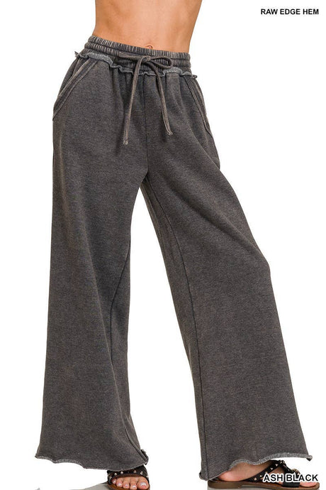 Ash Black Acid Wash Fleece Palazzo Sweatpants With Pockets