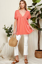 Coral Solid Soft V Neck Baby Doll Blouse